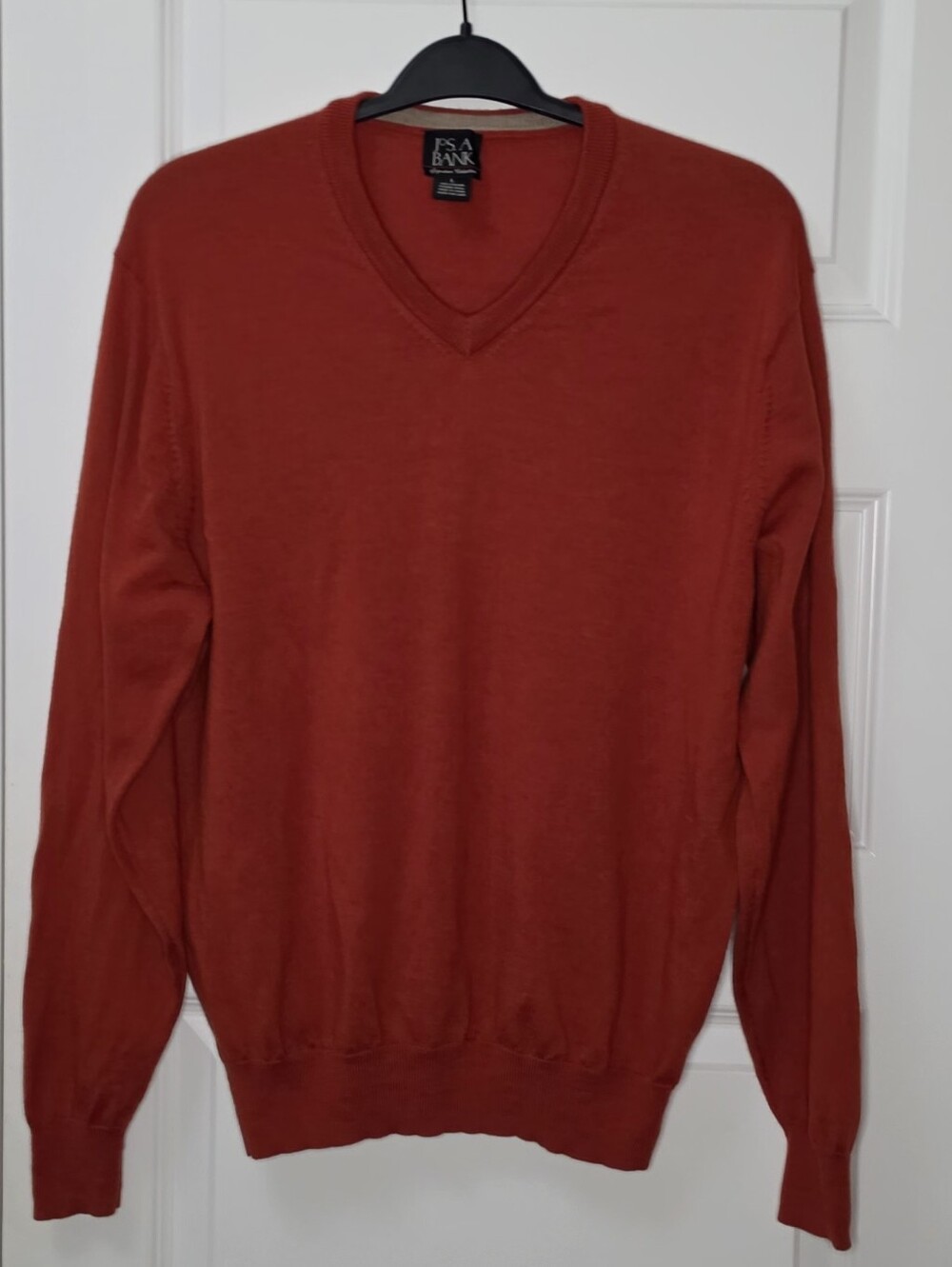 Jos A Bank Merino Wool Italian Sweater Mens Sz L Red Knit V-Neck Pullover Preppy